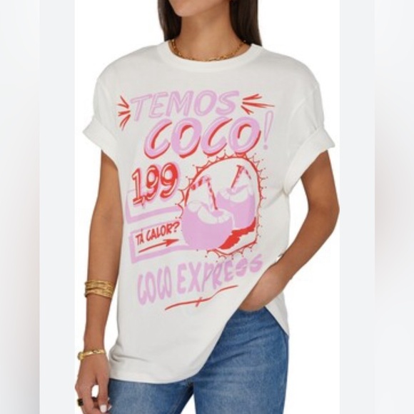 FARM Rio Tops - Farm Rio White Graphic T-Shirt with Pink and Red Design